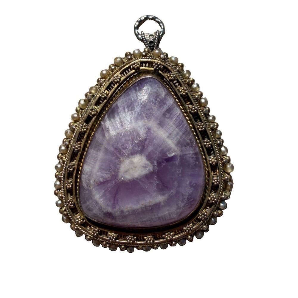 Vintage Chevron Amethyst Seed Pearl Filigree Convertible Brooch Pendant